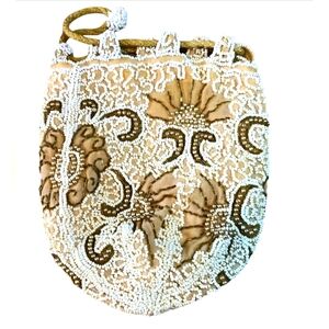 Vintage Handmade Beaded Purse Handbag from Belgium Small White Beige